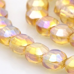 Full Rainbow Plated Glass Faceted Flat Round Beads Strands, Goldenrod, 6x4mm, Hole: 1mm, about 72pcs/strand, 15.7 inch
