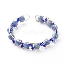 Bracciale rigido con perline di diaspro blu naturale, braccialetto aperto avvolgente in filo di rame, colore acciaio inossidabile, diametro interno: 2-1/8 pollice (5.5 cm)