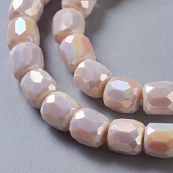 Electroplate Opaque Glass Beads, Faceted Barrel, PeachPuff, 8x8mm, Hole: 1mm