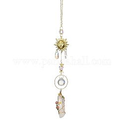 Attrape-soleil suspendus en cristal de quartz naturel, fabricant d'arc-en-ciel, perles de verre, anneau en fer et breloque en laiton, soleil, or, 365mm