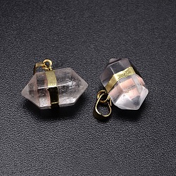 Pendentifs pointus à double extrémité en cristal de quartz naturel, cristal de roche, avec les accessoires en laiton de tonalité d'or, 15~17x22x13mm, Trou: 8x5mm