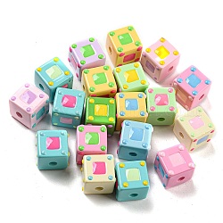 Opaque Acrylic European Beads, with Enamel, Large Hole Beads, Cube, Mixed Color, 14.6x19x14mm, Hole: 4mm
