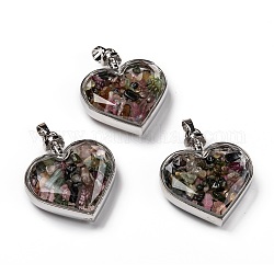 Glass Bottle Pendants, with Natural Tourmaline Chips and Platinum Plated Alloy Findings, Heart, 40x32.5x11mm, Hole: 8x5mm