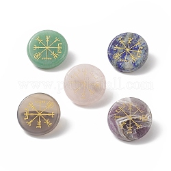 Natural Gemstone Flat Round with Norse Paganism Pattern Brooch Pin, Iron Badge for Backpack Clothes, 25x5mm, pin: 0.6mm