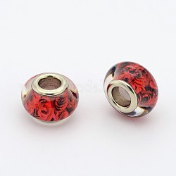 Handmade Polymer Clay Enamel Large Hole Rondelle European Beads, with Platinum Brass Double Cores, FireBrick, 14x9mm, Hole: 5mm