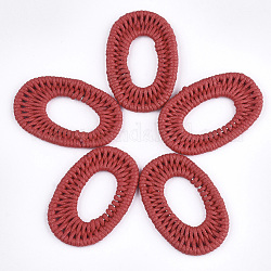 Pendentifs tissés en corde de polyester ciré, avec les accessoires en fer, ovale, rouge, 47~48x30~31x3mm