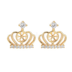 Brass Micro Pave Clear Cubic Zirconia Stud Earring Findings, for Half Drilled Beads, Nickel Free, Crown, Real 18K Gold Plated, 14x14.5mm, Pin: 0.6mm, pin: 0.7mm(for half drilled beads)