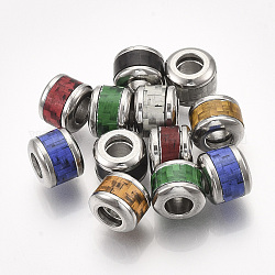 304 Stainless Steel European Beads, with Fiber, Large Hole Beads, Column with Basket Weave Pattern, Stainless Steel Color, Mixed Color, 10x8mm, Hole: 5mm