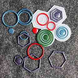 Moules en silicone pour pendentifs hexagonaux/ronds/anneaux, diy, moules de résine, pour la résine UV, fabrication de bijoux en résine époxy, blanc, 115x107x4.5mm, Trou: 1.5~1.9mm, diamètre intérieur: 16.5~57 mm