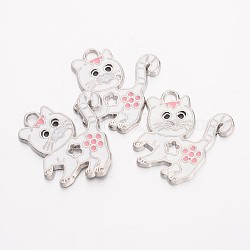 Alloy Enamel Kitten Pendants, Cadmium Free & Lead Free, with Rhinestone, Cat with Flower Shape, Platinum, White, about 25.5mm long, 24mm wide, 2mm thick, hole: 2mm