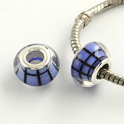 Large Hole Grid Pattern Acrylic European Beads, with Platinum Tone Brass Double Cores, Rondelle, Slate Blue, 14x9mm, Hole: 5mm