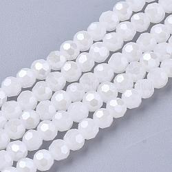 Chapelets de perles en verre électroplaqué, perle plaquée lustre, jade d'imitation, facette, ronde, blanc, 4mm, Trou: 0.5mm, Environ 100 pcs/chapelet, 14.2 pouce