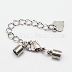 304 Stainless Steel Chain Extender, with Cord Ends, Curb Chains and Lobster Claw Clasps, Stainless Steel Color, 33mm, Cord End: 9.5x5mm, Inner Diameter: 4mm