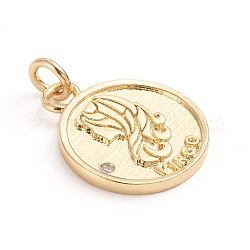 Brass Micro Pave Cubic Zirconia Pendants, with Jump Ring, Flat Round with Twelve Constellations, Clear, Golden, Virgo, 18x14.5x1.5mm, Hole: 3mm
