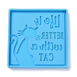 DIY Pendant Silicone Molds, Resin Casting Molds, For UV Resin, Epoxy Resin Jewelry Making, Square with Cat Pattern & Word, Deep Sky Blue, 85x85x7mm, Inner Diameter: 81x81mm