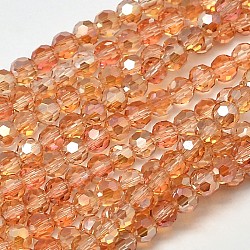Faceted(32 Facets) Round Half Rainbow Plated Electroplate Glass Beads Strands, Sandy Brown, 4mm, Hole: 1mm, about 100pcs/strand, 14.9 inch