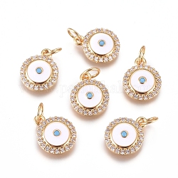 Brass Charms, with Micro Pave Cubic Zirconia, Enamel and Jump Rings, Flat Round with Evil Eye, Clear, Golden, 12.5x10x3mm, Hole: 3mm