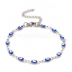 Bracelet chaînes à maillons œil de cheval en émail, 304 bijoux en acier inoxydable pour femme, couleur inoxydable, bleu, 6-3/4 pouce (17.1 cm)