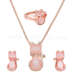 ANATTASOUL Cat Glass & Plastic Pendant Necklaces & Stud Earrings & Finger Rings, Brass Jewelry Set, Golden, 17.20 inch(437mm), 16x9.5mm, 18mm