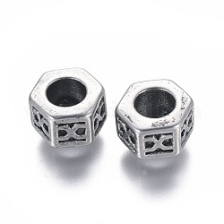 304 Stainless Steel European Beads, Large Hole Beads, Hexagon, Antique Silver, 8~9.5x5.5mm, Hole: 4.5mm