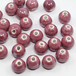 Handmade Porcelain Beads, Pearlized, Round, Pale Violet Red, 10mm, Hole: 2~3mm