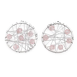 Pendentifs en 201 acier inoxydable, avec des perles de verre roses à facettes, fil enroulé, plat rond, couleur inoxydable, 26.5x25.5x4.5mm, Trou: 1mm