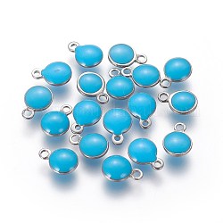 304 Stainless Steel Enamel Charms, Enamelled Sequins, Flat Round, Stainless Steel Color, Light Sky Blue, 13.5x10x3.5~4mm, Hole: 1.4mm