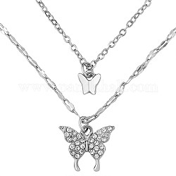 Alloy Butterfly Pendant Necklaces for Women, Adjustable Cubic Zirconia Double Layer Necklaces Gifts for Christmas Birthday, Platinum, 14.57 inch(37cm)
