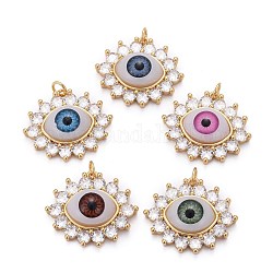 Brass Micro Pave Clear Cubic Zirconia Pendants, with Acrylic and Jump Ring, Long-Lasting Plated, Eye, Real 18K Gold Plated, Mixed Color, 22x25x7mm
