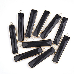 Glass Pendants, with Brass Findings, Faceted, Rectangle, Golden, Black, 46.5x10x5mm, Hole: 2mm