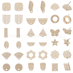 Chgcraft 36 pièces 18 styles accessoires de boucles d'oreilles en bois de frêne, avec 304 épingles en acier inoxydable et 50 écrous en plastique, ovale et carré et ventilateur et fleur et papillon et étoile, burlywood, 10.5~23x6.5~20mm, Trou: 1.8~2mm, pin: 0.7 mm, 2 pièces / style