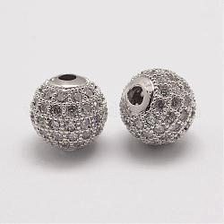 Perles de zircone cubique micro pave en Laiton, ronde, platine, 10x9.5mm, Trou: 2mm