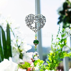 Coeur en alliage avec décorations pendentif arbre de vie, attrape-soleil suspendus, avec breloque en forme de larme de verre, vert foncé, 350mm