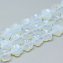 Carved Opalite Beads Strands, Plum Blossom, 13~14x13~14x7~8mm, Hole: 1mm, about 16pcs/strand, 8.2 inch~8.6 inch