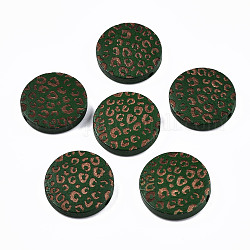 Painted Natural Wood Beads, Laser Engraved Pattern, Flat Round with Leopard Print, Dark Green, 20x5mm, Hole: 1.5mm
