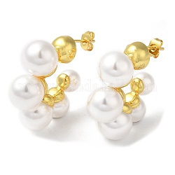 Plastic Imitation Pearl Beaded Round Stud Earrings, Rack Plating Brass Half Hoop Earrings, Real 18K Gold Plated, 28.5x10mm