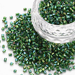 Abalorios de vidrio bugle, arcoiris de colores plateados, verde, 2.5~3x2mm, agujero: 0.9 mm, aproximamente 15000 unidades / libra