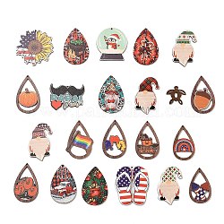 Printed Wood Pendants, Gnome & Teardrop & Flip Flops, Mixed Shapes, Mixed Color, 26~55x28~54x2~2.5mm, Hole: 2~2.5mm