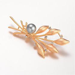 Alloy Rhinestone Brooch, Olive Branch, with Acrylic Beads, Golden, 75x36mm, Pin: 0.8mm