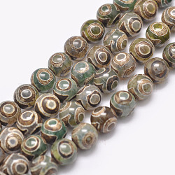 Natural Tibetan 3-Eye dZi Agate Beads Strands, Round, Dyed & Heated, Dark Green, 8mm, Hole: 1.2mm, about 47pcs/strand, 15 inch