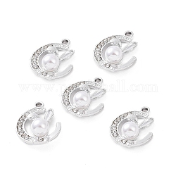 Alloy Rhinestone Pendants, with ABS Plastic Imitation Pearl Beads, Moon with Rabbit Charm, Platinum, 22x17.5x8.5mm, Hole: 2.4mm