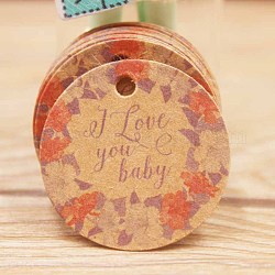 Paper Gift Tags, Hange Tags, For Arts and Crafts, Thanksgiving, Round with Flower and Word I Love You Baby, BurlyWood, 30x0.4mm, Hole: 3mm