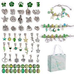 Kits de fabrication de bracelets européens en alliage de bricolage, y compris les perles européennes en alliage et en résine, alliage émail balancent breloques européennes, boîte en papier, verte