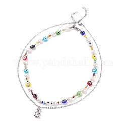 2 pz 2 collane di perle naturali di perle e malocchio con ciondolo orso per le donne, colore misto, 16.38~18-3/4 pollice (41.6~47.5 cm), 1pc / style