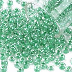 6/0 Glasperlen, transparente Innenfarben Glanz, Rundloch, Runde, grün, 6/0, 4~5x2.5~4.5 mm, Bohrung: 1.2 mm, ca. 500 Stk. / 50 g