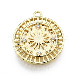Ion Plating(IP) Brass Micro Pave Clear Cubic Zirconia Pendants, Flat Round with Sun, Real 18K Gold Plated, 16.5x14x1.5mm, Hole: 1.2mm