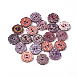 Boutons en bois de peuplier imprimés, 2-trou, teinte, plat rond avec motif floral, couleur mixte, 15x2mm, Trou: 1.8mm