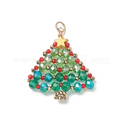 Pendenti intrecciati con perline di vetro, Con anello di salto in ottone, albero di Natale, oro, 32.5x27.5x4mm, Foro: 3.2 mm