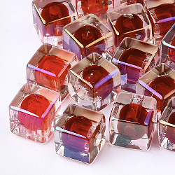Abalorios de acrílico transparentes, UV plating y arco iris, talón en grano, abalorios de media perforados, cubo, de color rojo oscuro, 12.5x12.5x12.5mm, medio agujero: 3.5 mm