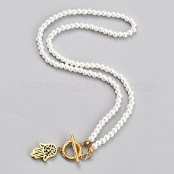 304 Stainless Steel Pendant Necklaces, with Acrylic Imitation Pearl Round Beads and Toggle Clasps, Hamsa Hand, White, Golden, 17.71 inch(45cm)